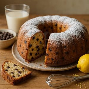 Ciambella vegana con gocce di cioccolato spolverata di zucchero a velo su piatto bianco, senza latte nello sfondo.