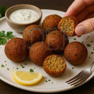 Mano che apre una polpetta vegana mostrando l’interno morbido; piatto con limone, prezzemolo e ciotola di salsa alle erbe.