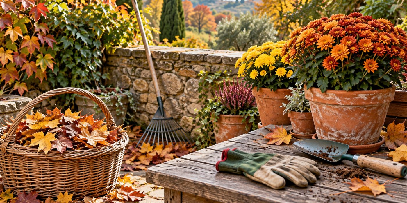 Giardino in autunno con cesto di foglie, rastrello, crisantemi in vasi di terracotta, guanti e paletta