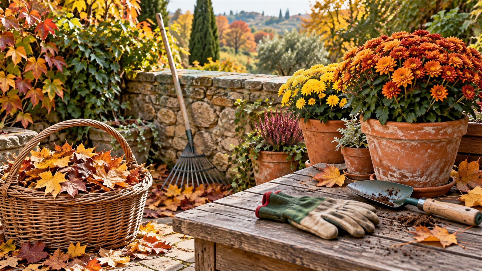 Giardino in autunno con cesto di foglie, rastrello, crisantemi in vasi di terracotta, guanti e paletta