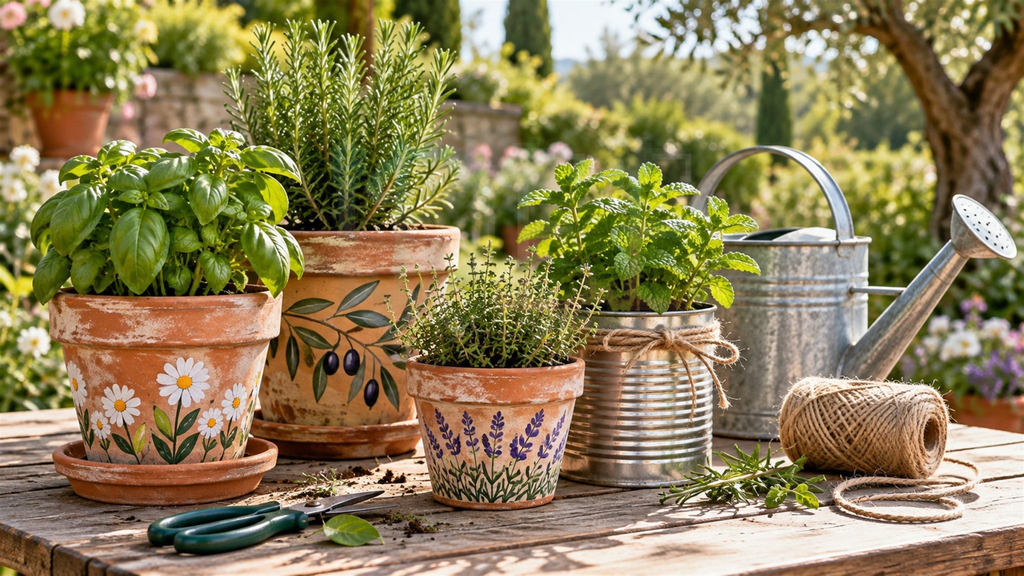 Vasi di terracotta dipinti a mano e un barattolo di latta con spago, con basilico, rosmarino, timo e menta su un tavolo di legno