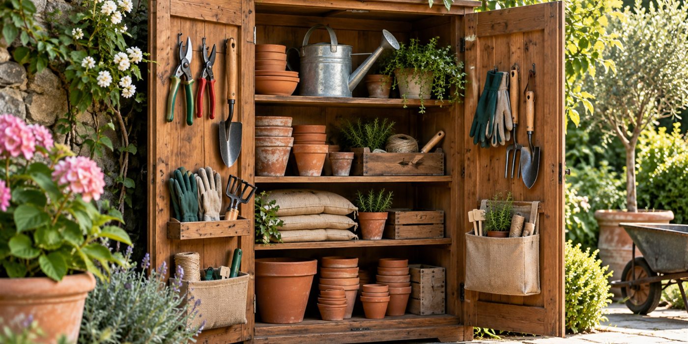Armadio in legno aperto con cesoie, guanti, paletta, annaffiatoio e vasi di terracotta in ordine