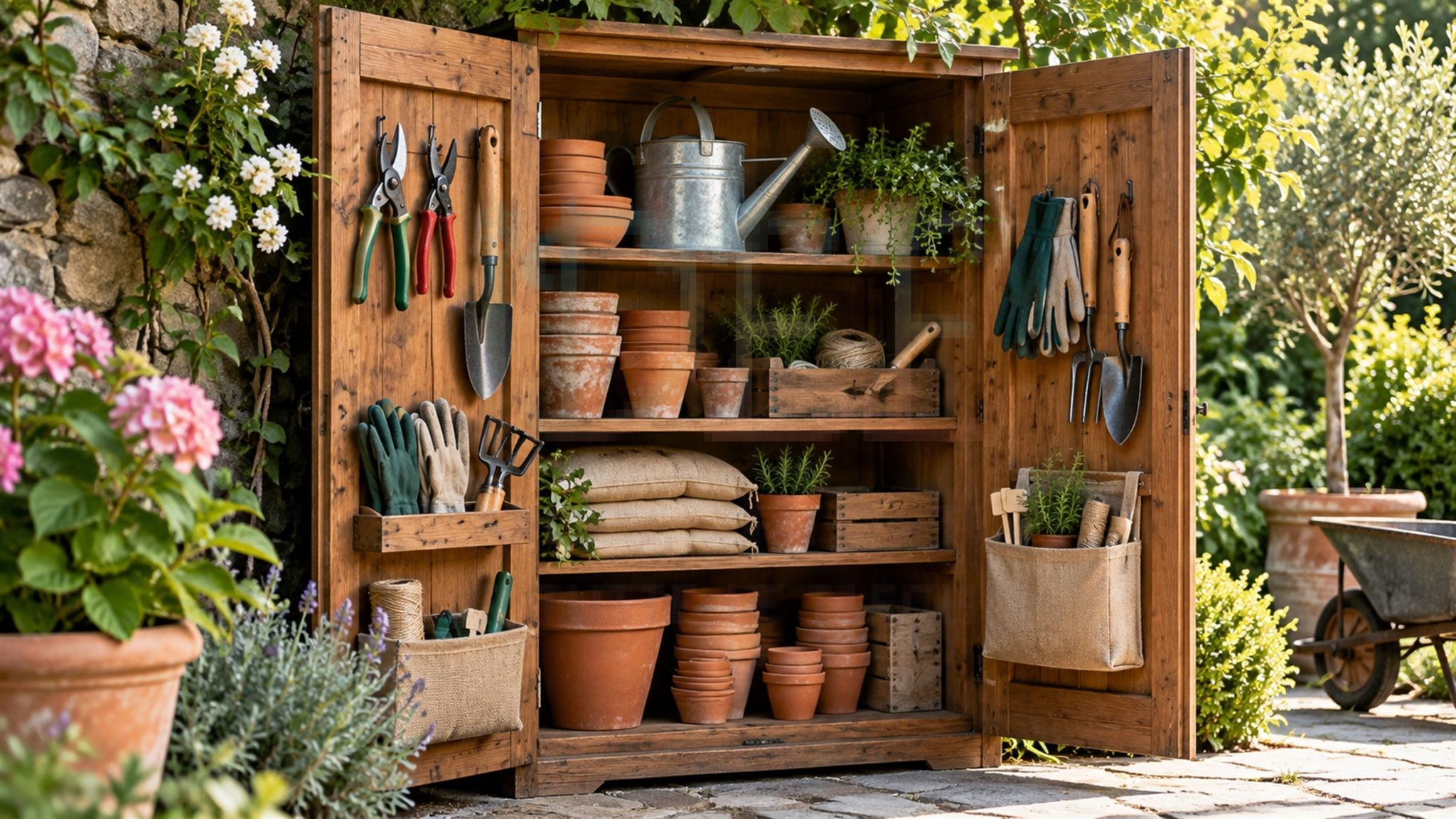 Armadio in legno aperto con cesoie, guanti, paletta, annaffiatoio e vasi di terracotta in ordine