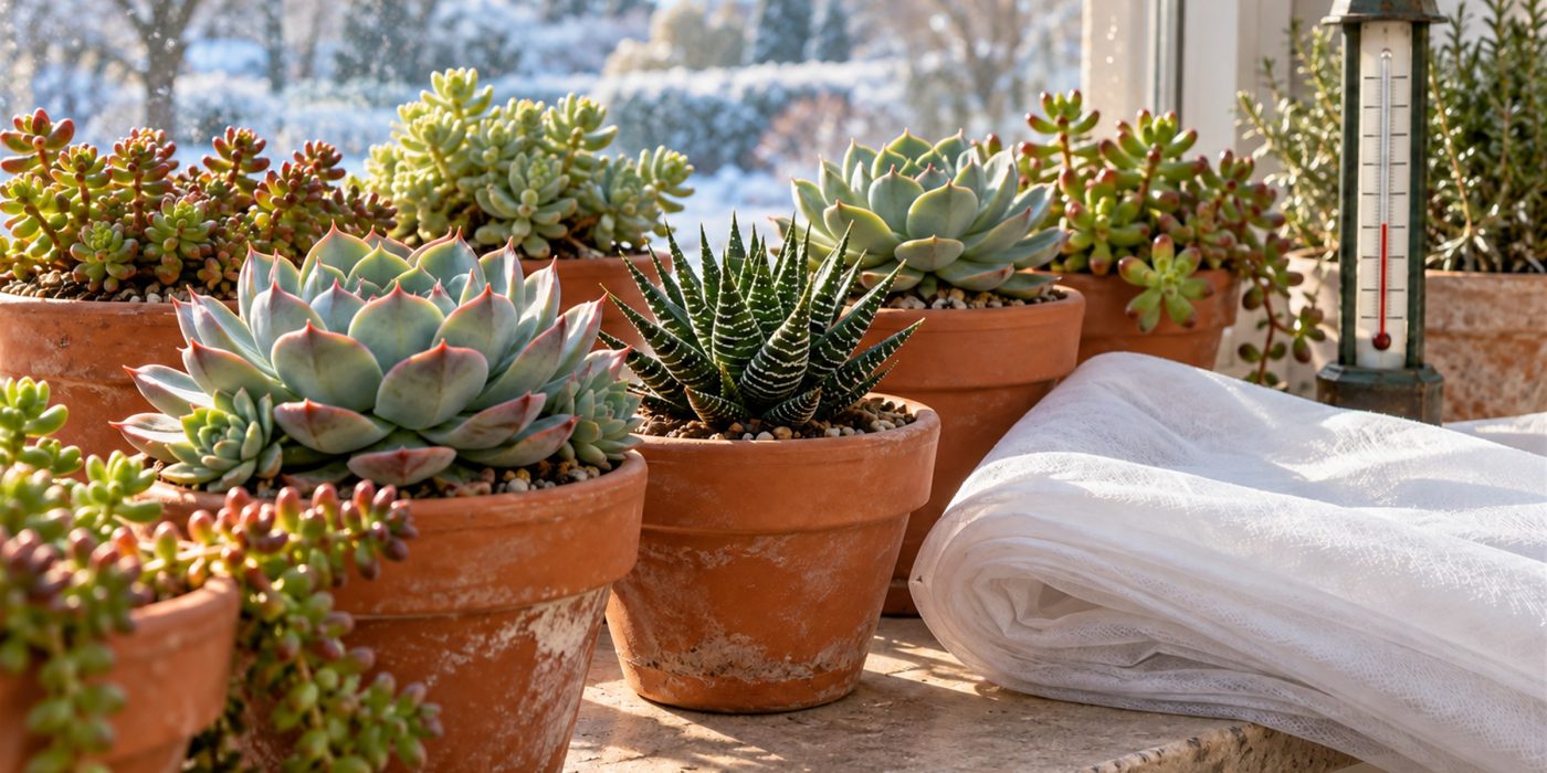 Succulente in vasi di terracotta su un davanzale con neve fuori, un telo di tessuto non tessuto e un termometro