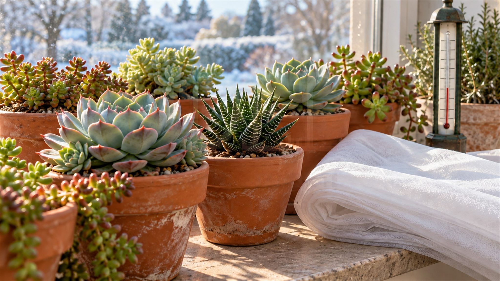 Succulente in vasi di terracotta su un davanzale con neve fuori, un telo di tessuto non tessuto e un termometro