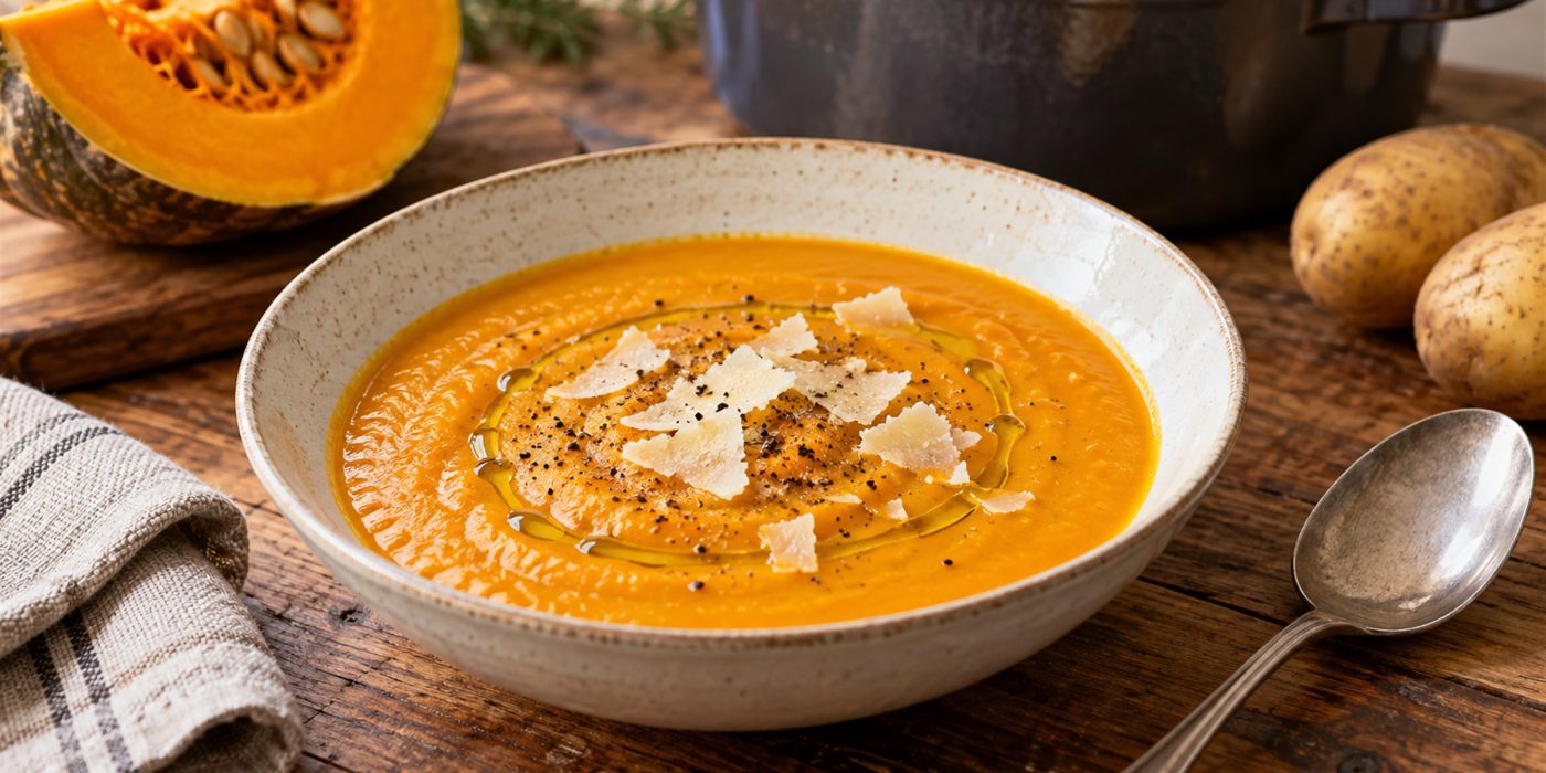 Piatto fondo con vellutata di zucca, filo d’olio, pepe e scaglie di parmigiano, accanto a zucca e patate