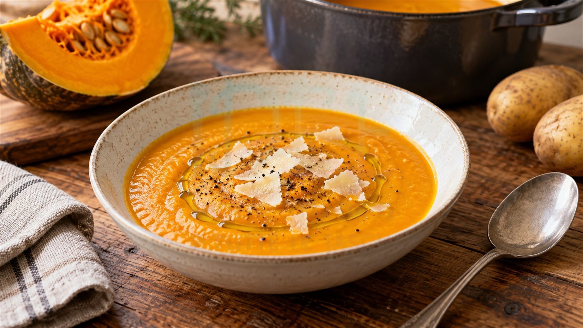 Piatto fondo con vellutata di zucca, filo d’olio, pepe e scaglie di parmigiano, accanto a zucca e patate