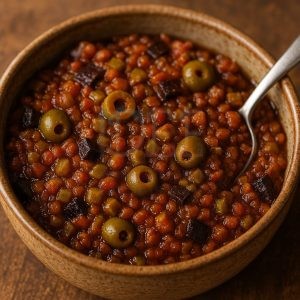 Caponata siciliana a dadini con melanzane, sedano, cipolla e olive verdi ben visibili in salsa di pomodoro agrodolce densa, servita in ciotola rustica alla luce naturale
