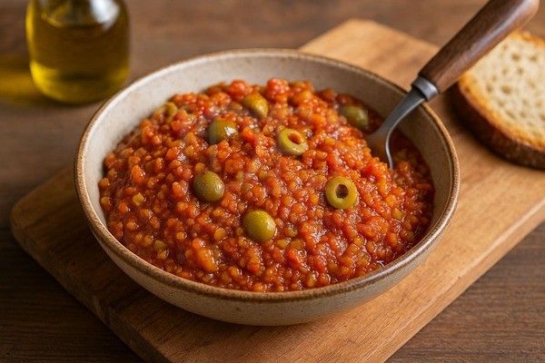 Caponata siciliana a dadini densa con melanzane, sedano, cipolla e piccole olive verdi visibili, servita in ciotola rustica su tagliere di legno con cucchiaio e fetta di pane, luce naturale