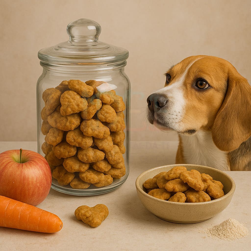 Biscotti fatti in casa per cani a base di mela e carota, in barattolo accanto a un beagle curioso