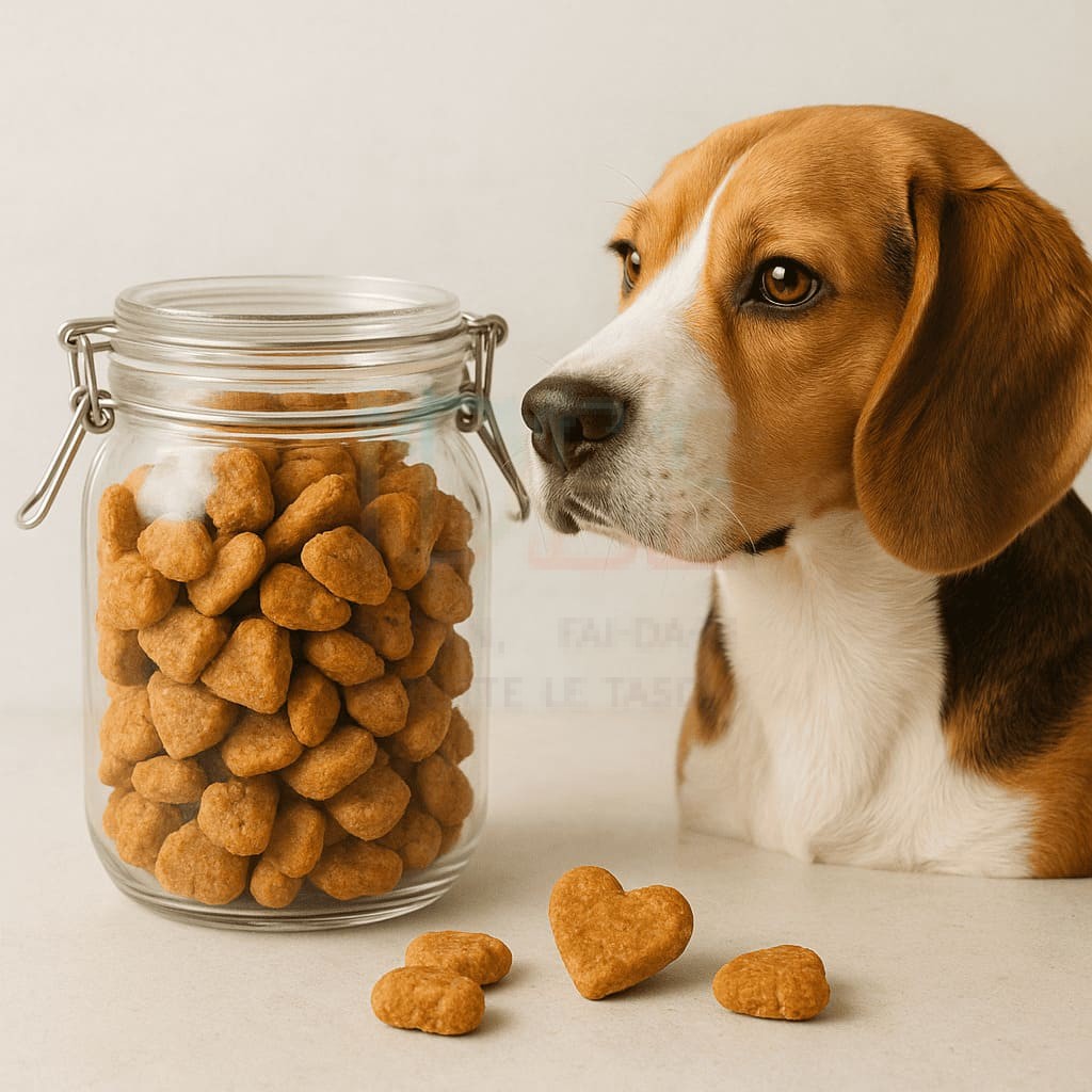 Biscotti fatti in casa per cani a base di mela e carota, in barattolo accanto a un beagle curioso
