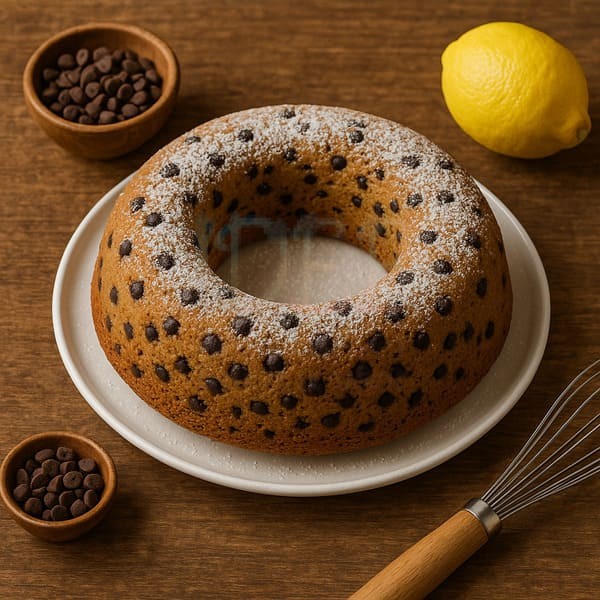 Vista dall’alto di una ciambella vegana con gocce di cioccolato, spolverata di zucchero a velo su tavolo in legno, con limone e frusta a lato