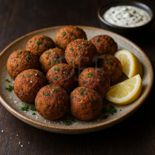 Polpette vegane dorate su piatto in ceramica con spicchi di limone e salsa alle erbe sullo sfondo.